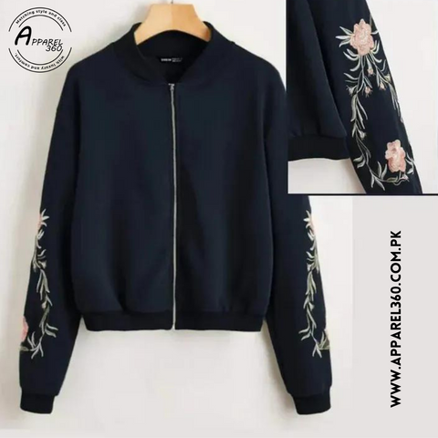 Navy Embroidered Floral Detail Zip Up Bomber Jacket