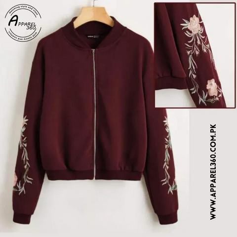 Maroon Embroidered Floral Detail Zip Up Bomber Jacket