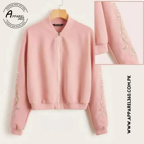 Baby Pink Embroidered Floral Detail Zip Up Bomber Jacket