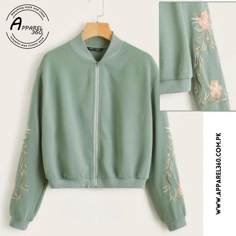 Green Embroidered Floral Detail Zip Up Bomber Jacket