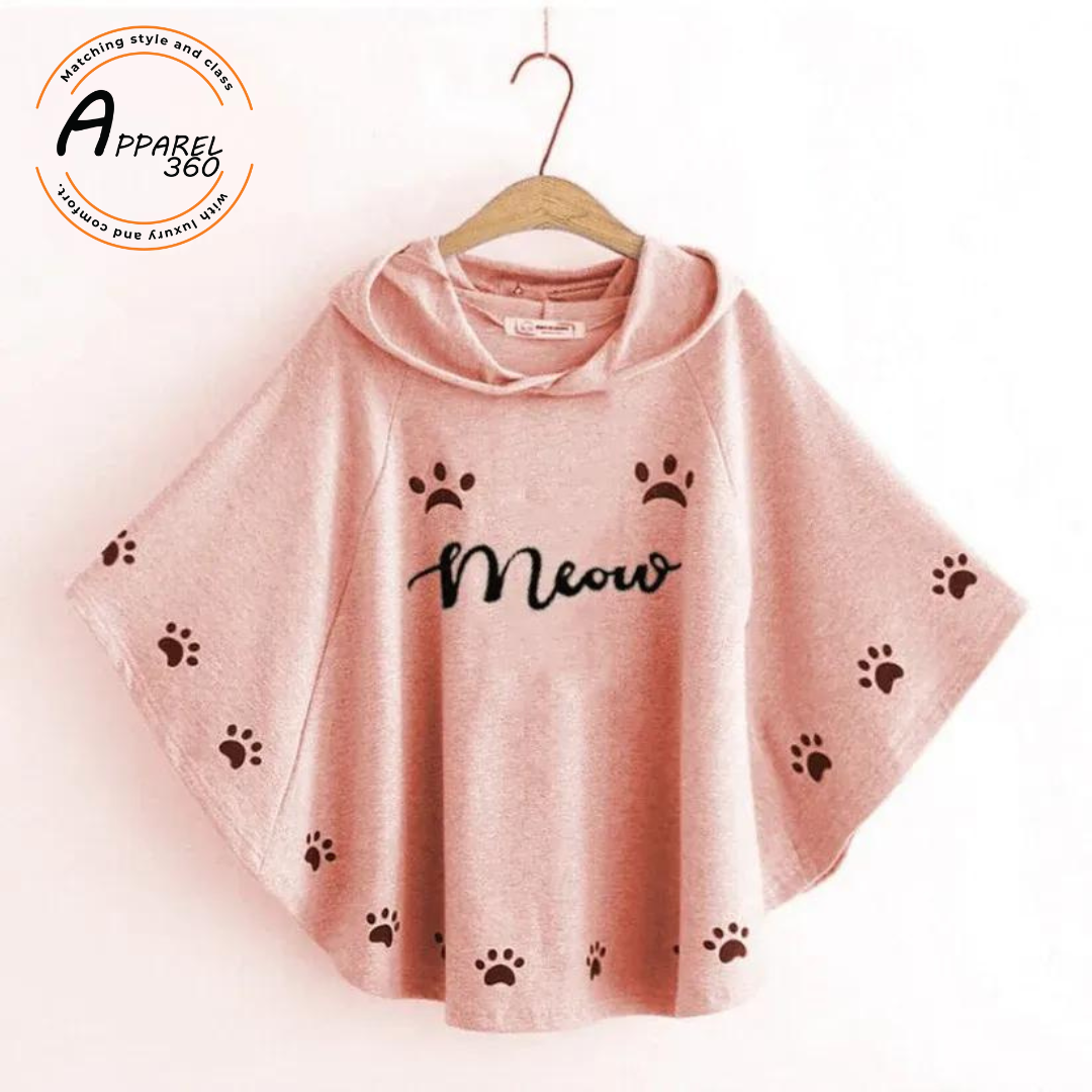 Baby Pink Meow Printed Hood Poncho