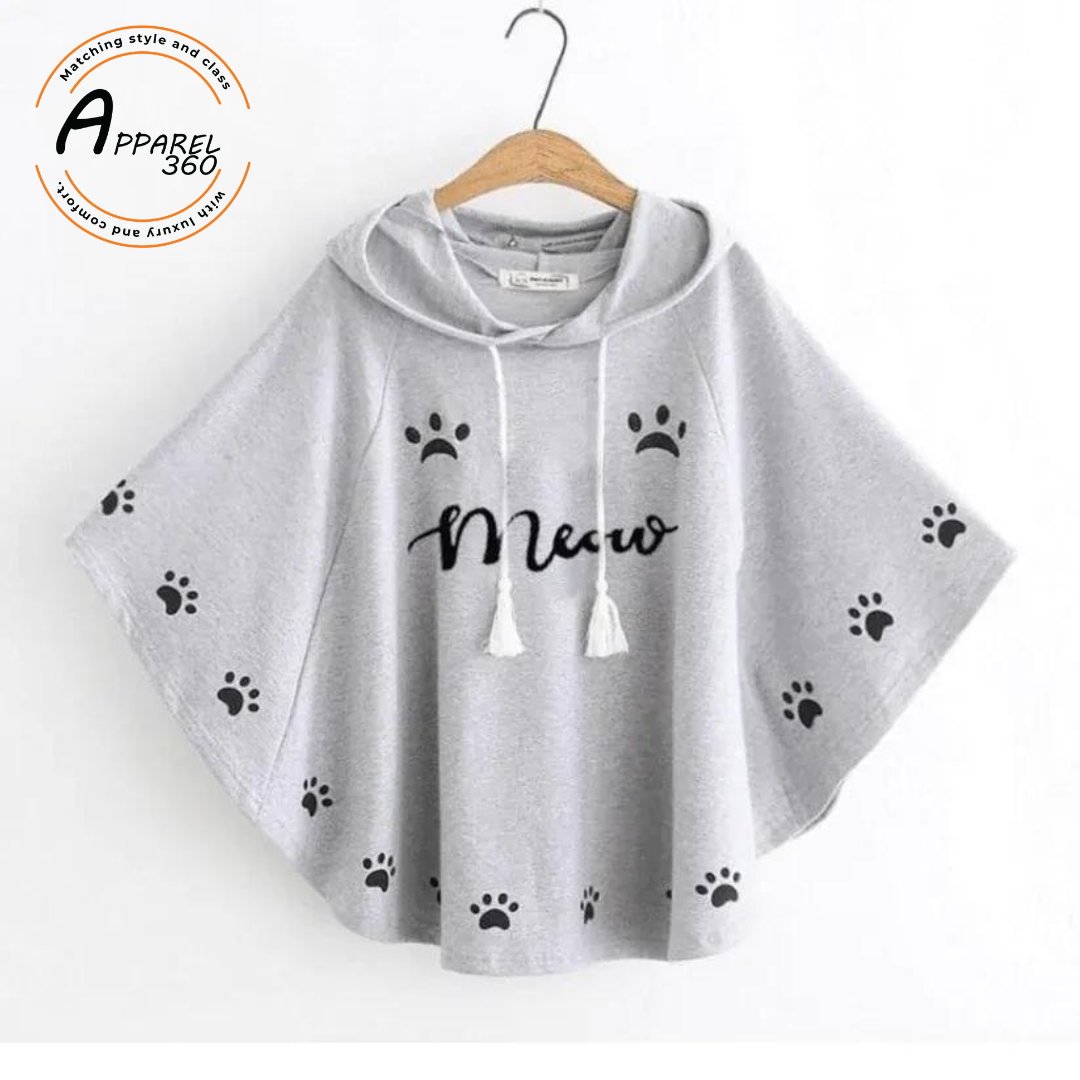 Grey Meow Printed Hood Poncho