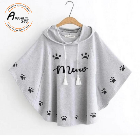 Grey Meow Printed Hood Poncho