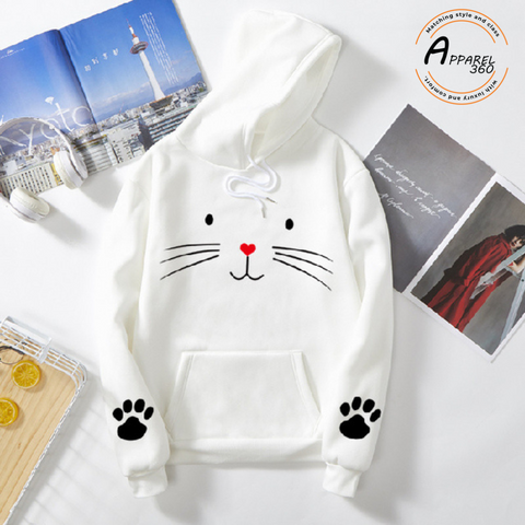 White Meow Printed Hoodie