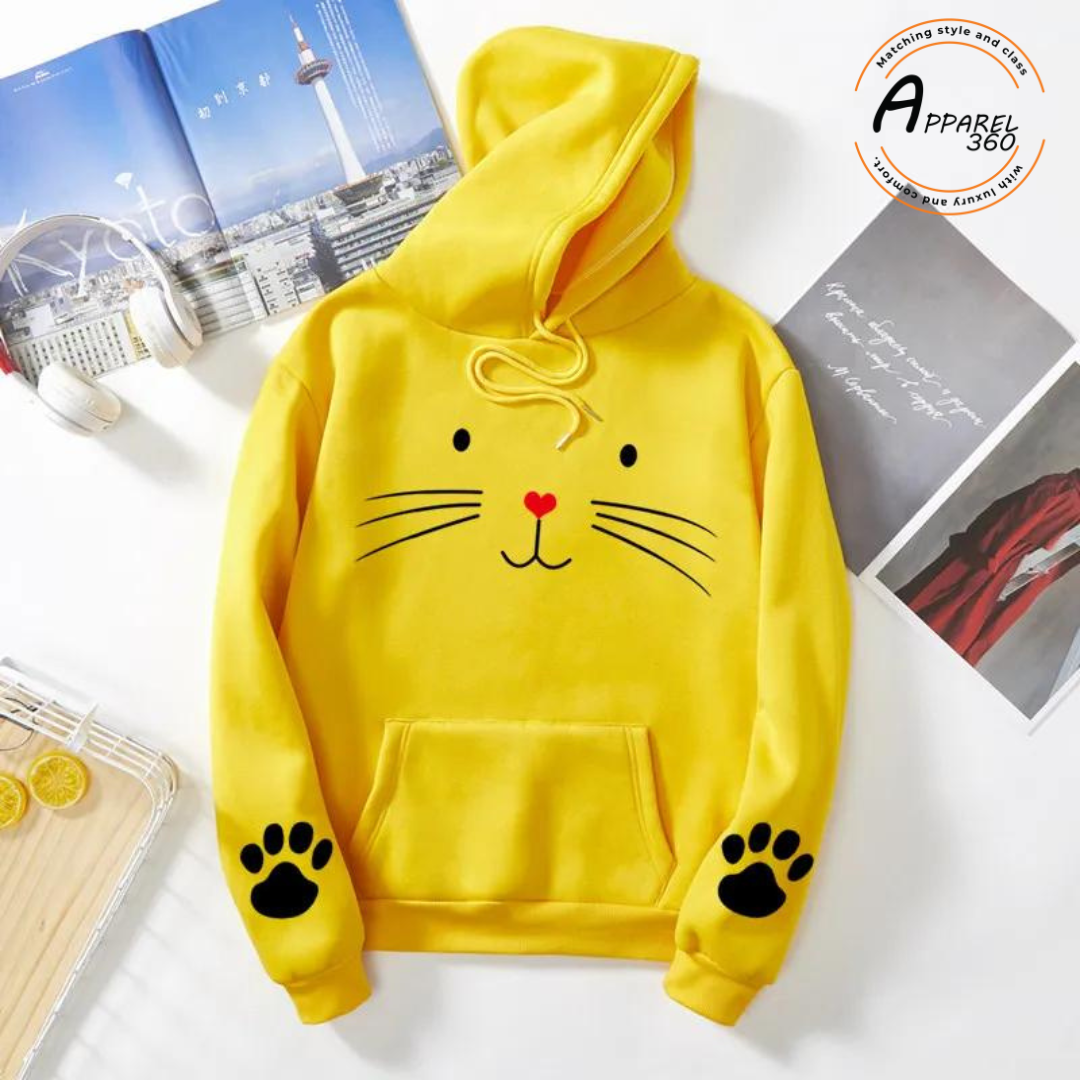 Yellow  Meow Printed Hoodie