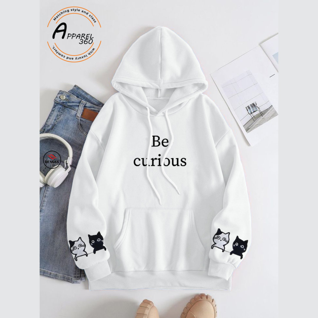 White Be Curious Printed Hoodie