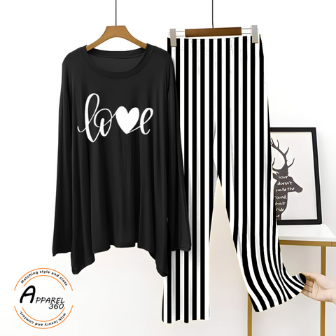 Black Love With Stripe Printed Palazzo Lounge Wear