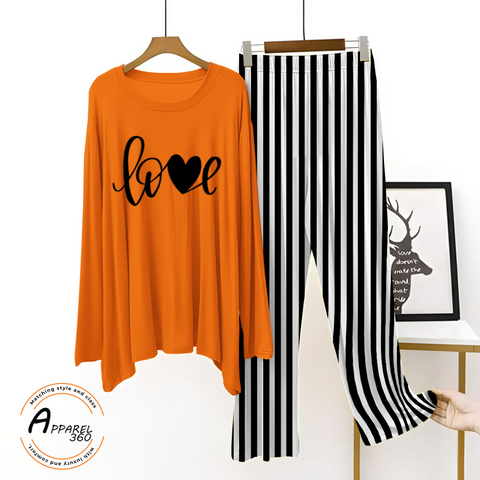 Orange Love With Stripe Printed Palazzo Lounge Wear