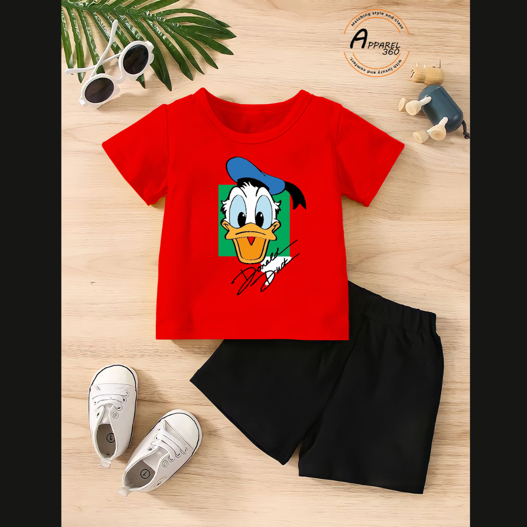 Red Donald Duck Printed Tee & Shorts Set