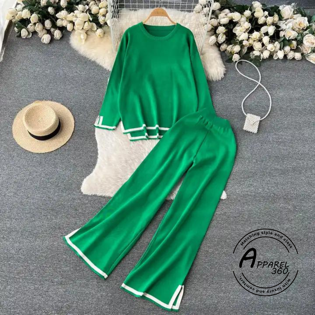 Green & White Loose Long Sleeve Knitted With Flare Pant Co Ord Set