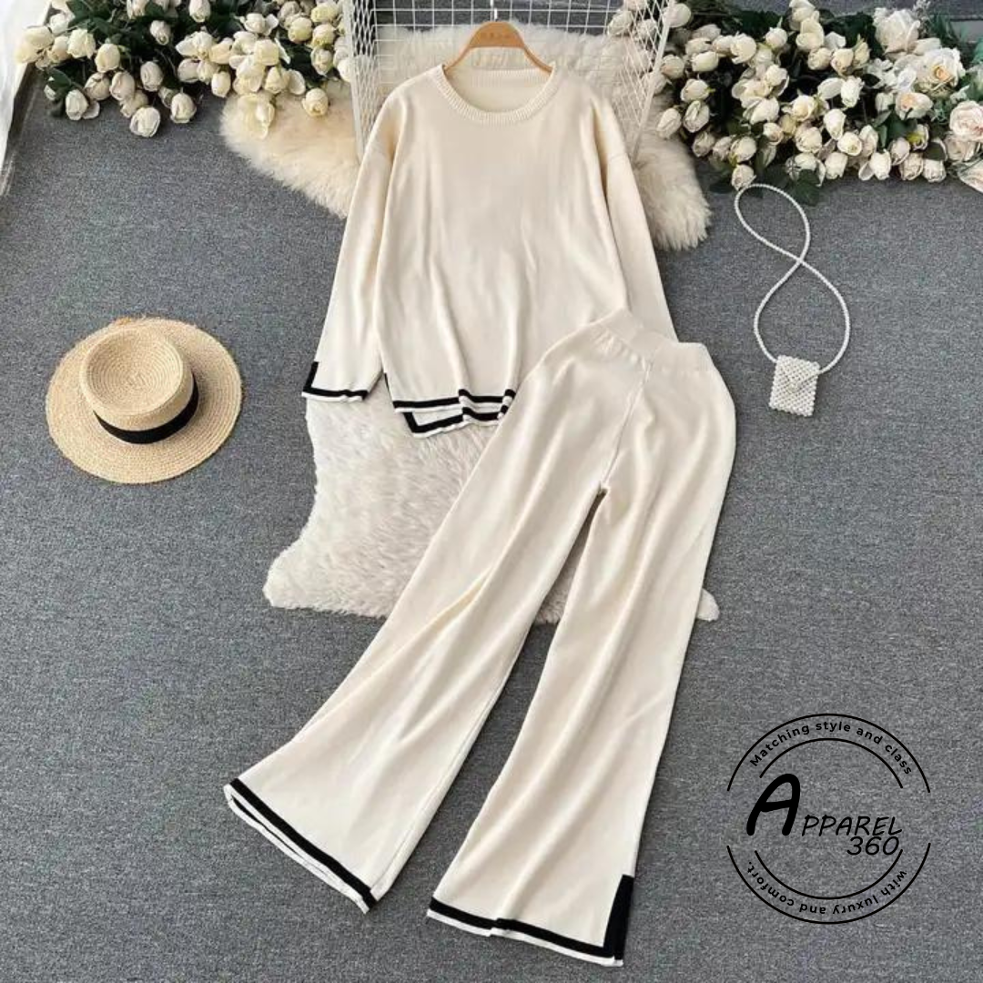 Cream White & White Loose Long Sleeve Knitted With Flare Pant Co Ord Set