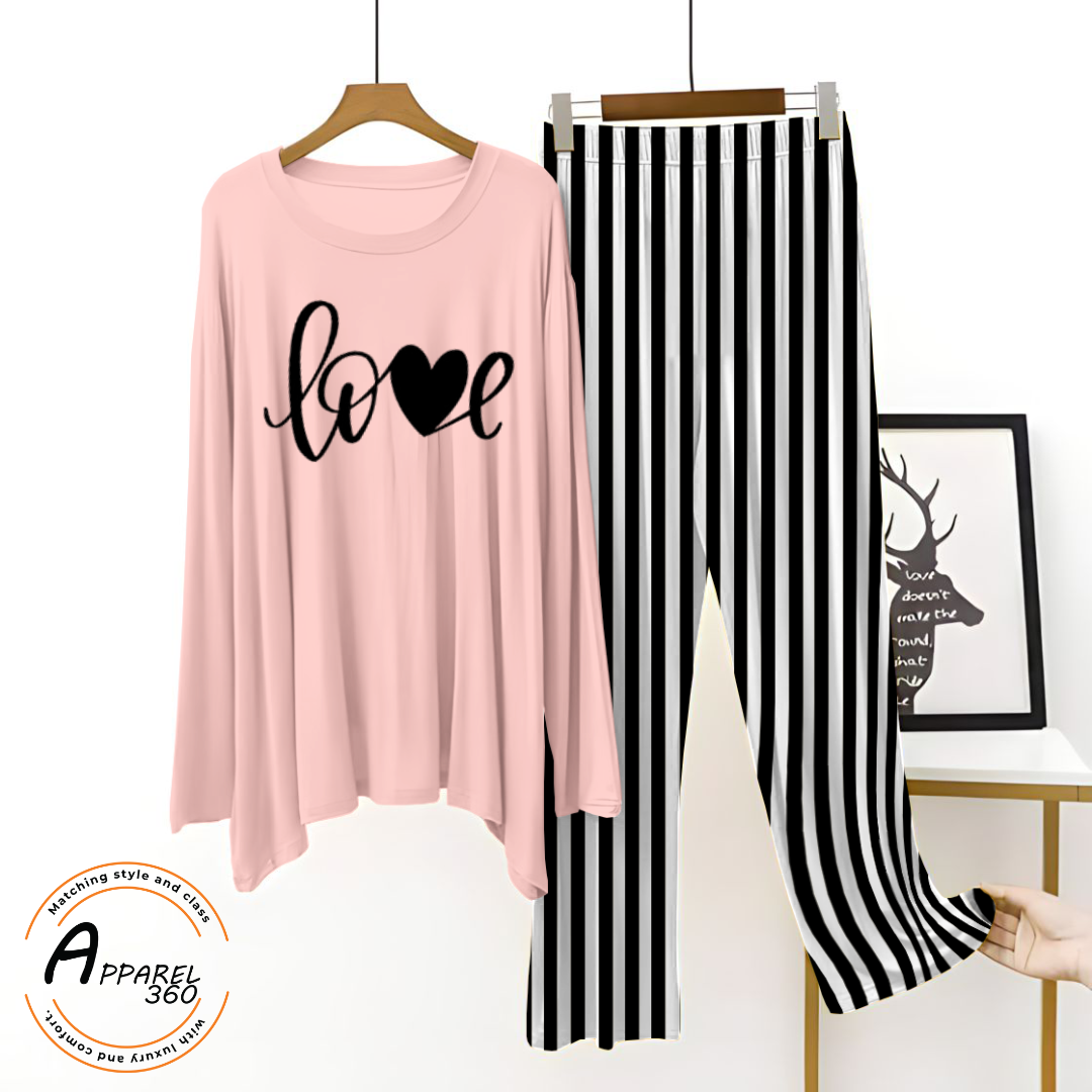 Baby Pink Love With Stripe Printed Palazzo Lounge Wear