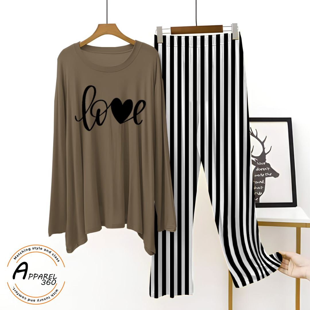 Choclate Ripple Love With Stripe Printed Palazzo Lounge Wear