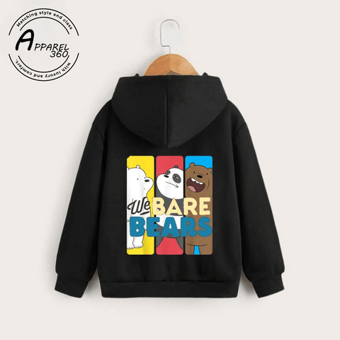 Black Bare Bears Printed Kangroo Hoodie  For Kids