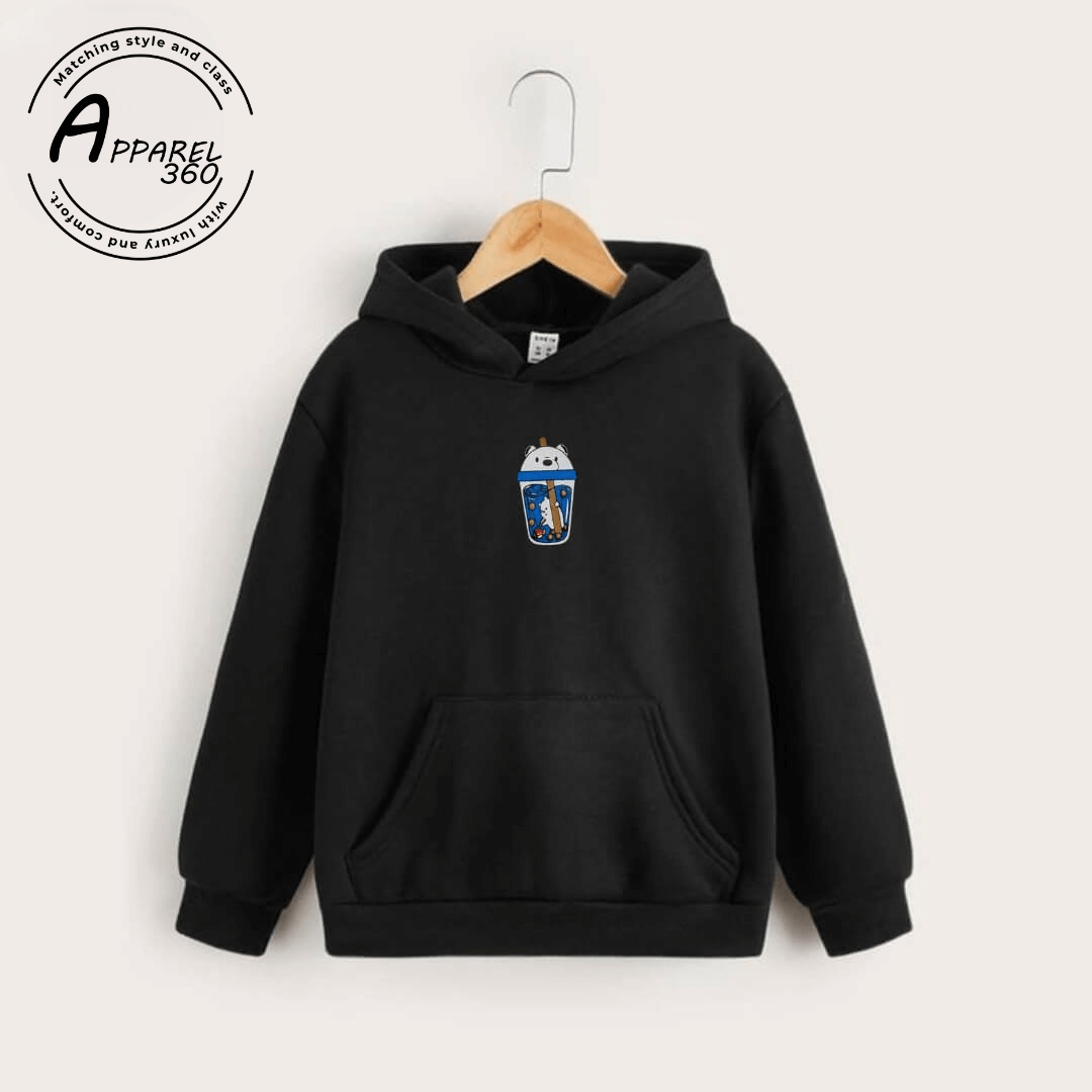 Black Bare Bears Printed Kangroo Hoodie  For Kids