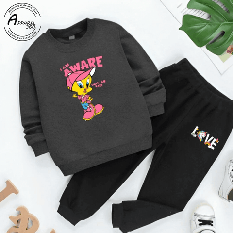 Charcoal I Am Aware Printed Sweat Shirt Tracksuit For KIds