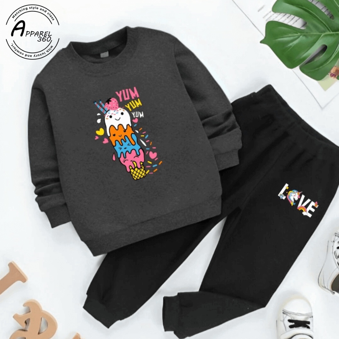 Charcoal I Yum Yum Printed Sweat Shirt Tracksuit For KIds