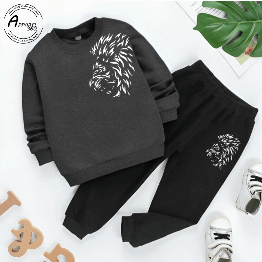 Charcoal Lion Printed Sweat Shirt Tracksuit For KIds