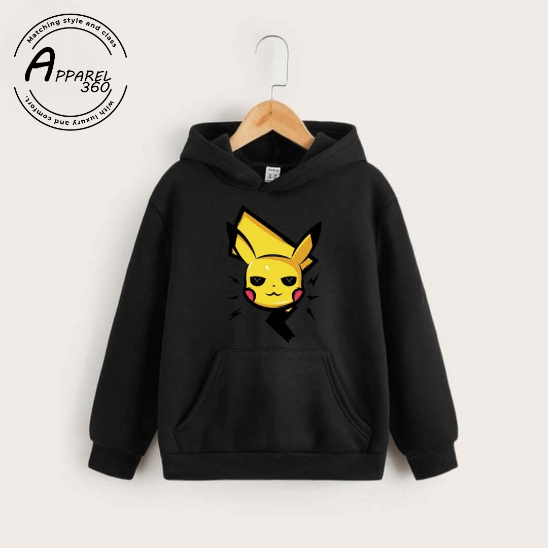 Black Electrifying Pikachu Printed Kangroo Hoodie  For Kids