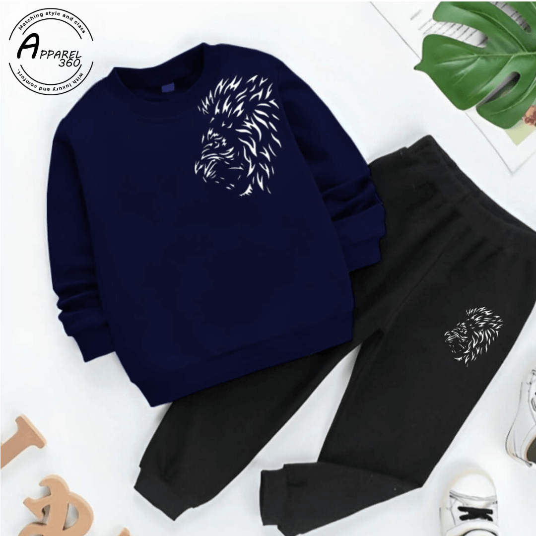 Navy Blue Lion Printed Sweat Shirt Tracksuit For KIds