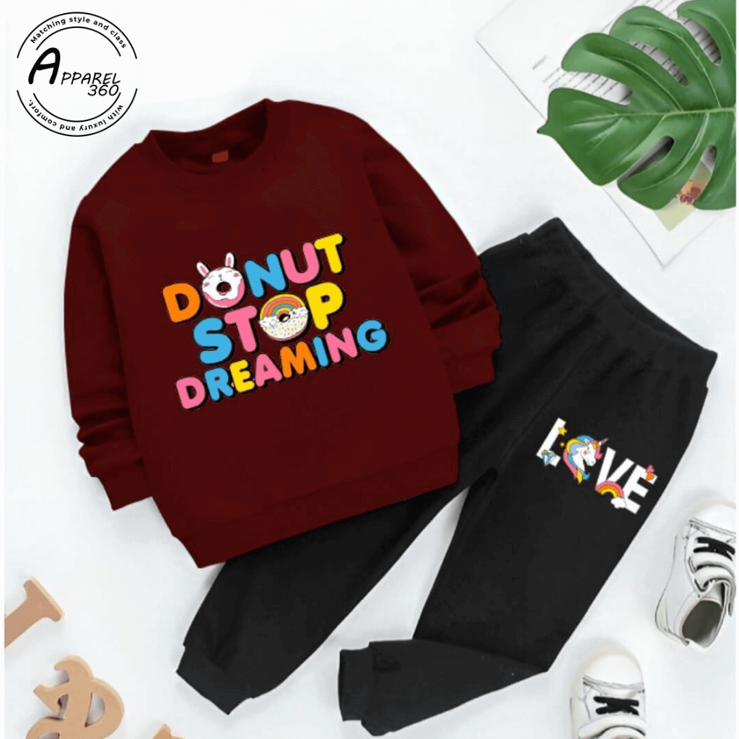 Mehroon Donut Stop Dreaming Printed Sweat Shirt Tracksuit For KIds