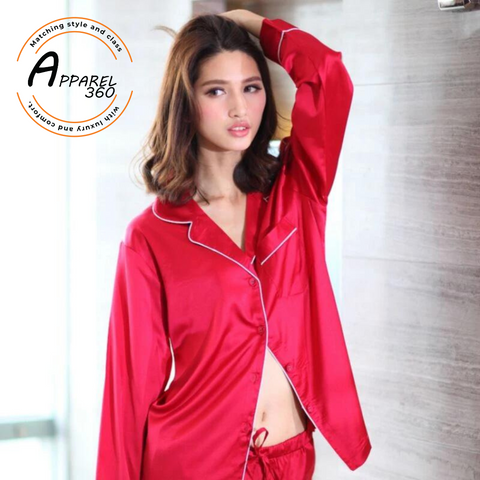 Red Silk Night Suit Turn Down Collar Long Sleeves