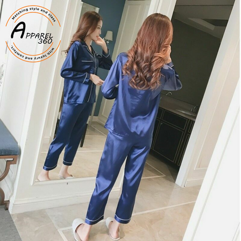 Blue Silk Night Suit Turn Down Collar Long Sleeves