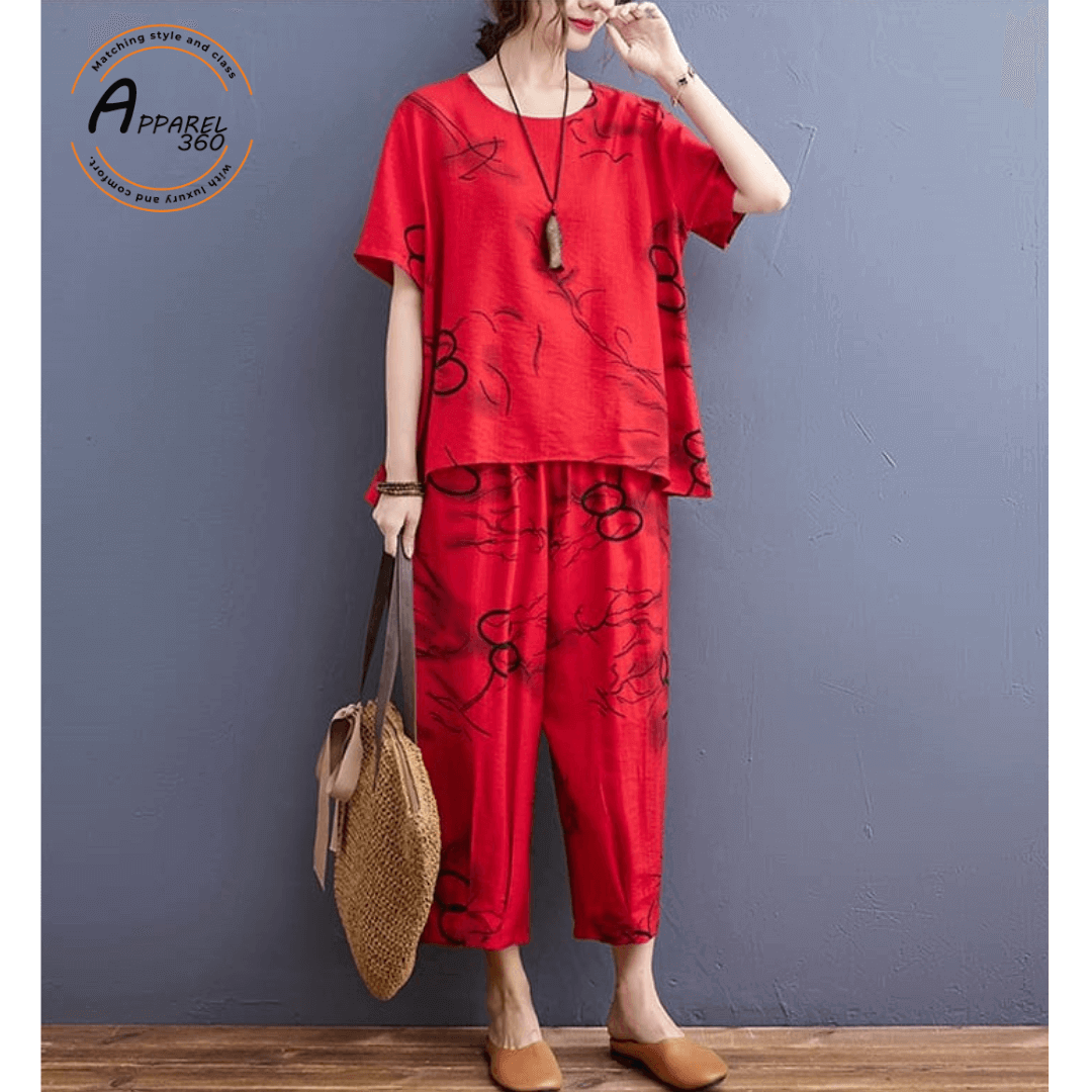 Red Black Circle Printed Capri PJ Nightsuit