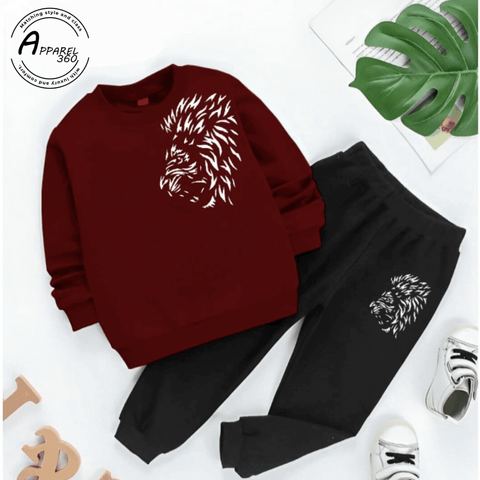 Mehroon Lion Printed Sweat Shirt Tracksuit For KIds