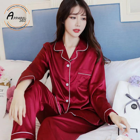 Silky Maroon Silk Night Suit Turn Down Collar Long Sleeves