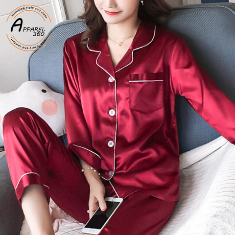 Silky Maroon Silk Night Suit Turn Down Collar Long Sleeves