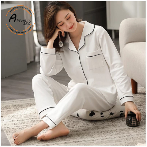 White Silk Night Suit Turn Down Collar Long Sleeves