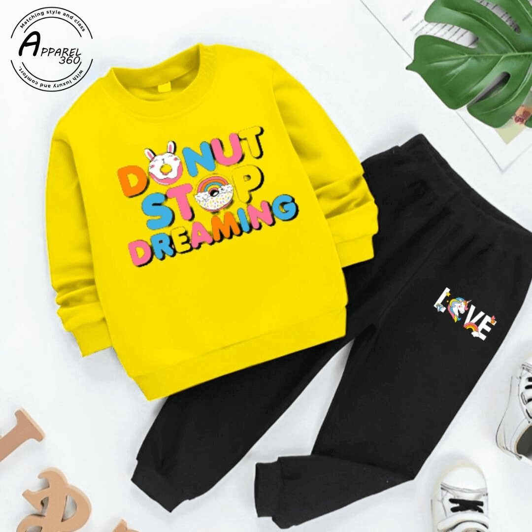 Yellow Donut Stop Dreaming Printed Sweat Shirt Tracksuit For KIds