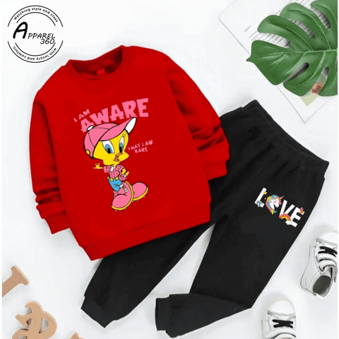 Red I Am Aware Printed Sweat Shirt Tracksuit For KIds