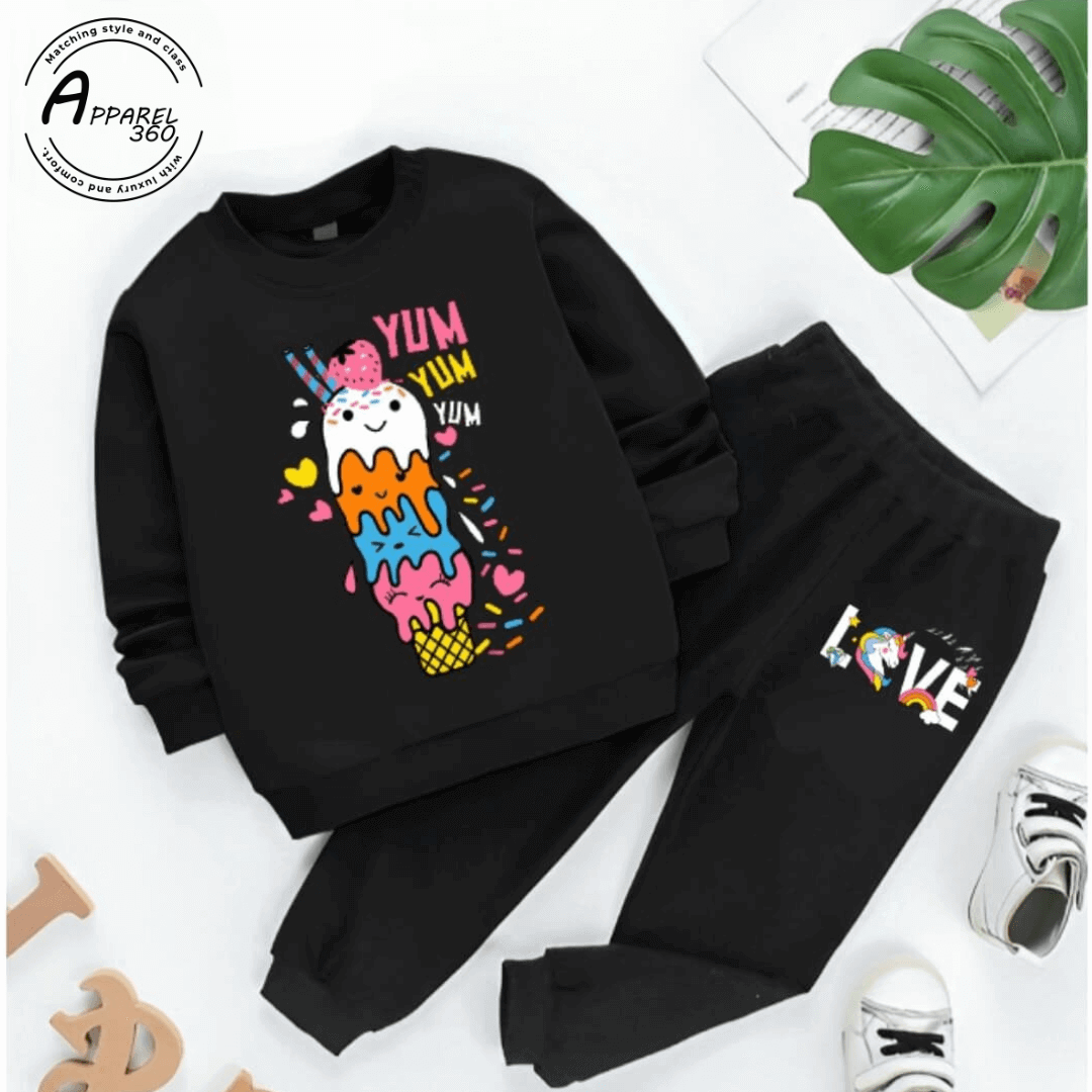 Black I Yum Yum Printed Sweat Shirt Tracksuit For KIds