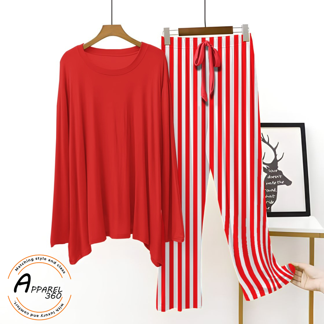 Red With Red Stripe Printed Palazzo Lounge Wear