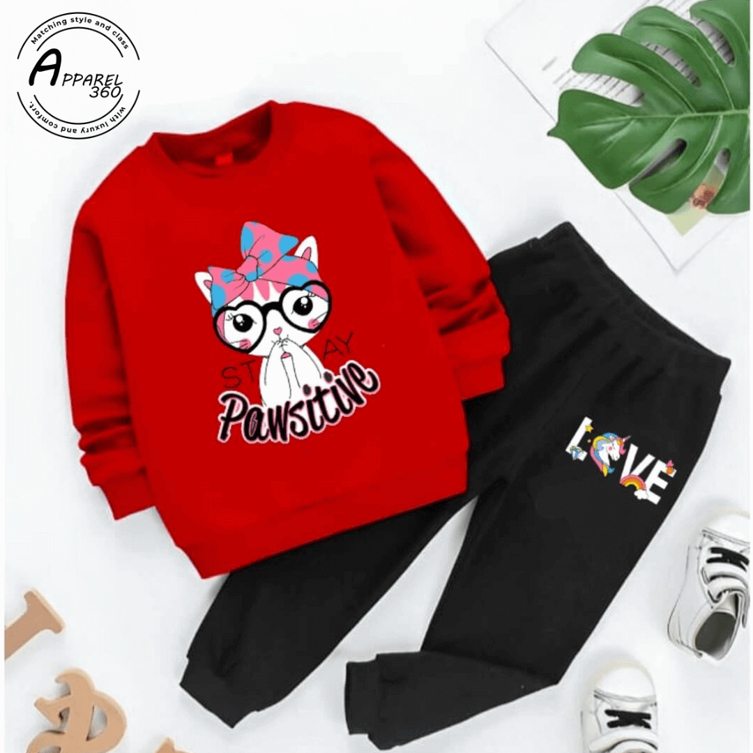 Red Stay Positive Printed Sweat Shirt Tracksuit For KIds