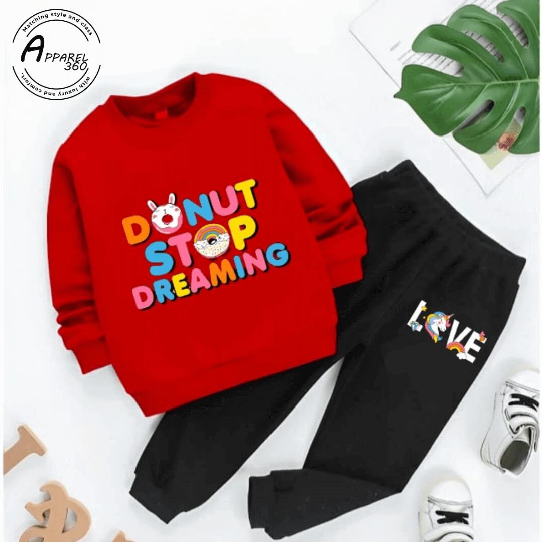 Red Donut Stop Dreaming Printed Sweat Shirt Tracksuit For KIds