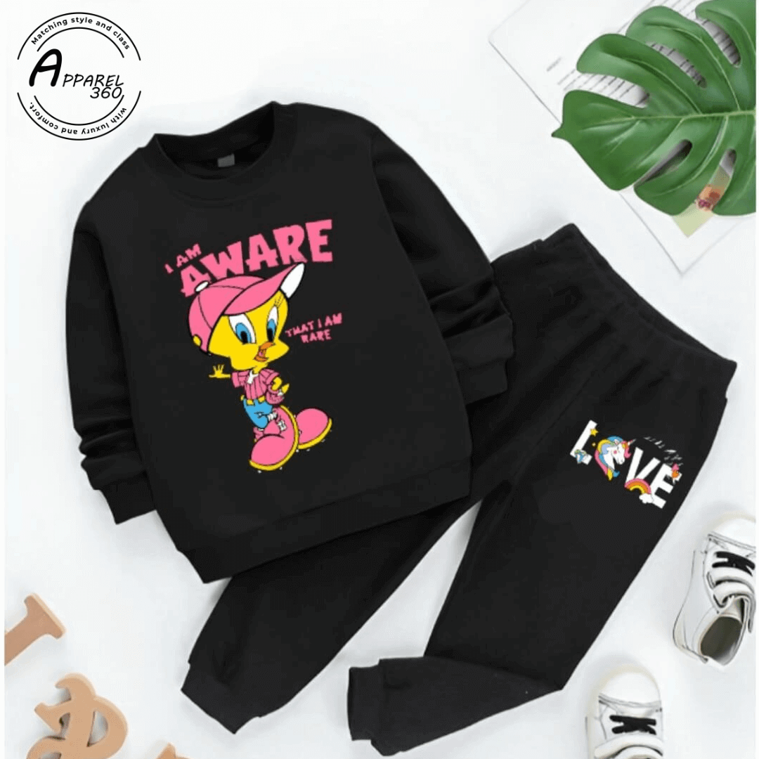 Black I Am Aware Printed Sweat Shirt Tracksuit For KIds