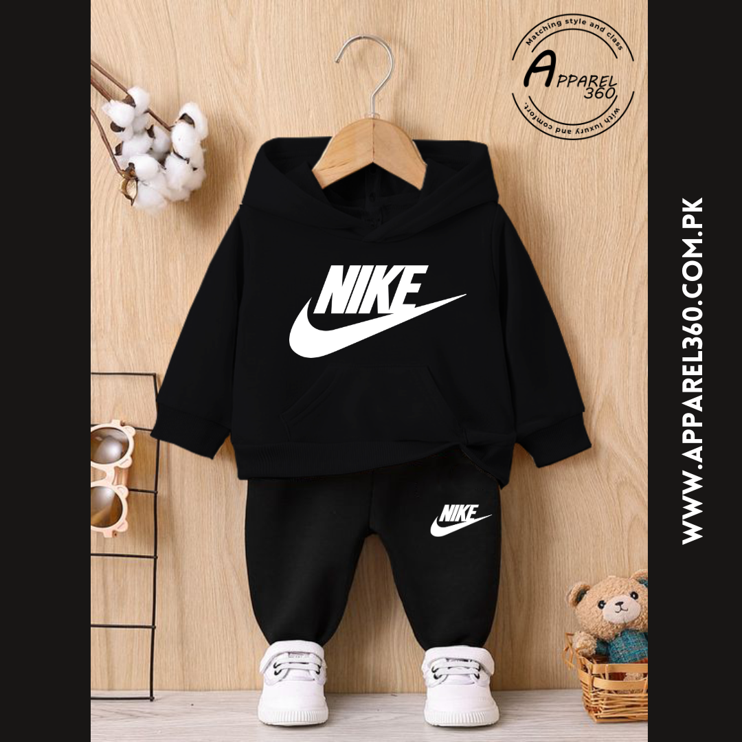 Black Nike Printed Hoodie Tracksuit For Kids