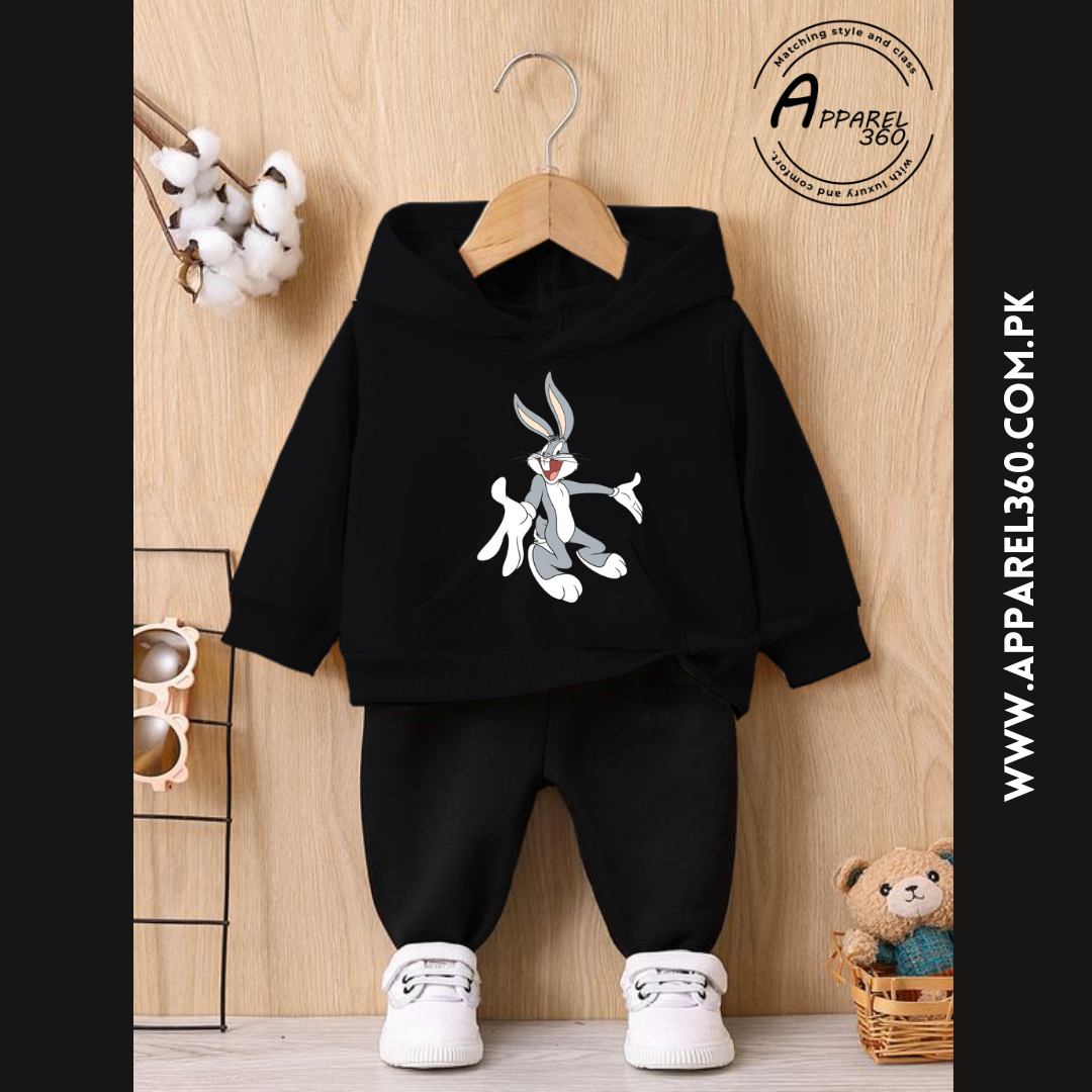 Black Bugs Bunny Printed Hoodie Tracksuit For Kids