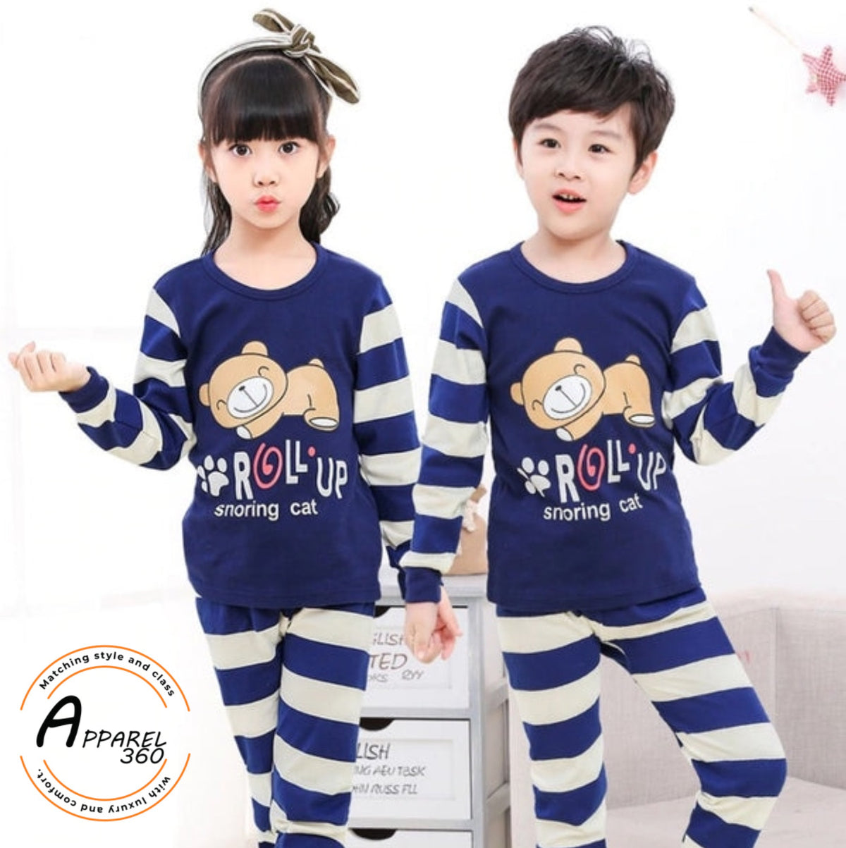 Roll Up Cat Printed PJ Set For Kids