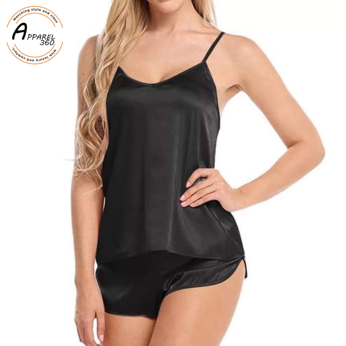 Black Women Sexy Satin Pajamas Sets Shirt Sling Top With Cami Shorts