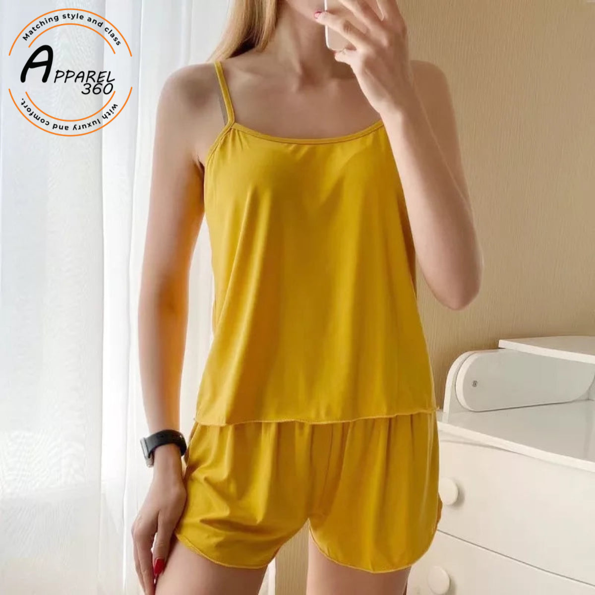 Yellow Women Sexy Satin Pajamas Sets Short Sling Top with Cami Shorts