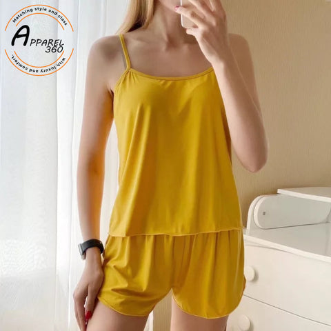 Yellow Women Sexy Satin Pajamas Sets Short Sling Top with Cami Shorts