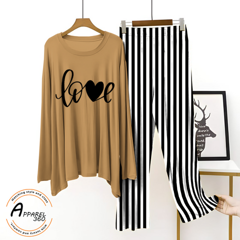 Brown Love With Stripe Printed Palazzo Lounge Wear